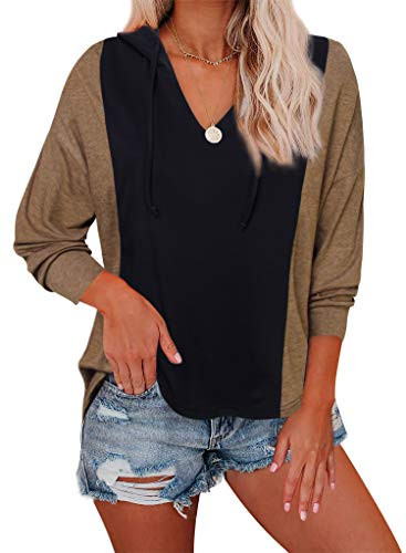 Women s Lightweight Hoodie Sweatshirts  Youtalia Women s Tops Long Sleeve V Neck Blouse Trendy Color Block Pullover Tunic Shirts for Leggings Black Coffee Medium