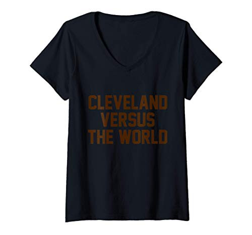 Womens Cleveland Versus the World - Brown Block Letters - V-Neck T-Shirt