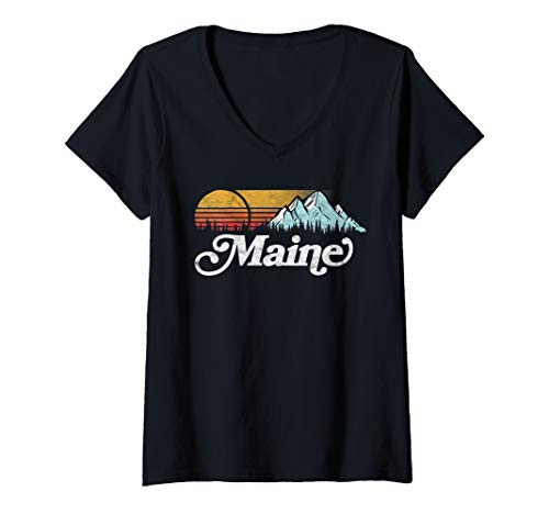 Womens Retro Vibe Maine Vintage Mountains  and  Sun Distressed Graphic V-Neck T-Shirt