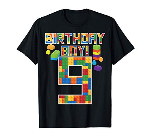 Cute 9th Birthday Gift 9 Years Old Block Building Boys Kids T-Shirt