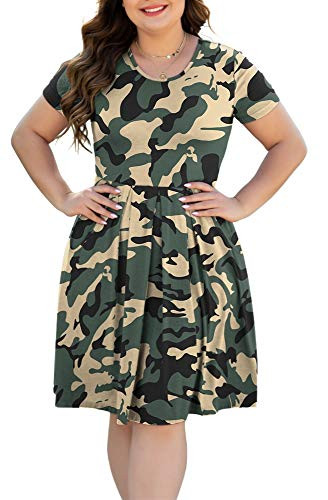 HAOMEILI Womens Plus Size Short Sleeve Pleated Causal Swing Dress with Pockets for Party 5XL Camo