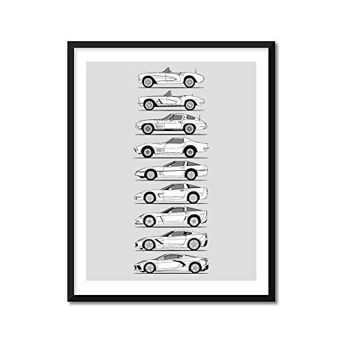 Chevy Corvette Generations Inspired Poster Print Wall Art Handmade Decor of the History and Evolution of the Chevrolet Corvette  C1 C2 C3 C4 C5 C6 C7 C8