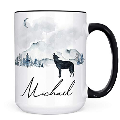 Watercolor Mountain Scene with Wolf Personalized Coffee Mug   Custom Name Microwave Dishwasher Safe Ceramic Cup