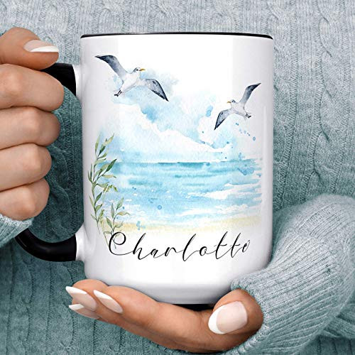 Watercolor Coastal Beach Scene Personalized Ocean Coffee Mug   Custom Name Microwave Dishwasher Safe Ceramic Cup