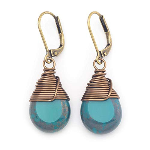 Teal Blue Czech Glass Wire-wrapped Drop Antique Bronze Tone Lever-back Earrings 1.4 Inches Teal Blue Czech Glass Wire-wrapped Drop Antique Bronze Tone Lever-back Earrings 1.4 Inches
