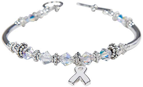 White or Pearl Ribbon Awareness Charm Bracelet  Swarovski Crystals for Lung Cancer  Emphysema  Osteoporosis  Lung Disease  Bone Disease  MHE. Beaded.