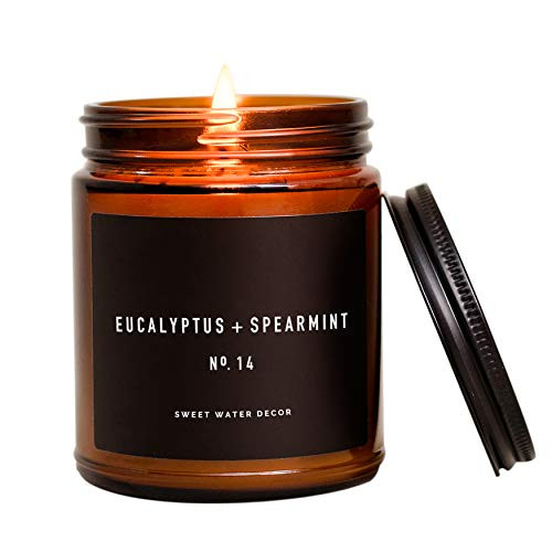 Sweet Water Decor Eucalyptus Spearmint Candle   Lemon  Lavender  Relaxing Scented Soy Wax Candle for Home   9oz Amber Glass Jar  40 Hour Burn Time  Made in the USA