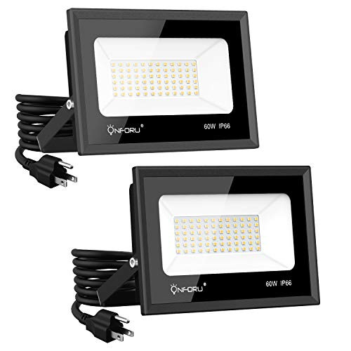 Onforu 2 Pack 60W LED Flood Light with Plug, 6,500lm Super Bright Security Lights, 2700K Warm White, IP66 Waterproof Outdoor Landscape Floodlight for Yard, Garden, Playground, Party Onforu 2 Pack 60W LED Flood Light with Plug, 6,500lm Super Bright Security Lights, 2700K Warm White, IP66 Waterproof Outdoor Landscape Floodlight for Yard, Garden, Playground, Party