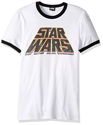 STAR WARS Men s Official  slanty Logos  Premium Ringer Graphic Tee  White Black  X-Large