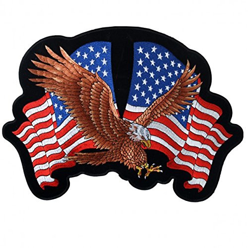 Hot Leathers, EAGLE 2 FLAGS, American Eagle with USA Flags - High Thread Iron-On / Saw-On Rayon PATCH - 4" x 3"