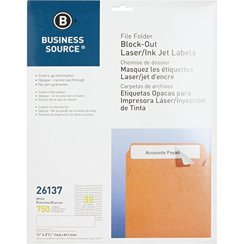 Business Source Block-Out Filing Laser Inkjet Label - 0.66amp quot  Width x 3.43amp quot  Length - Permanent - 750   Pack - White