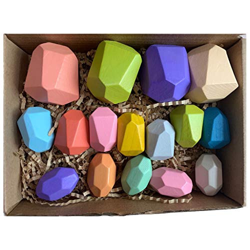 7haofang 16 Pcs Children Wooden Colored Stone Stacking Game Building Block Education Toy