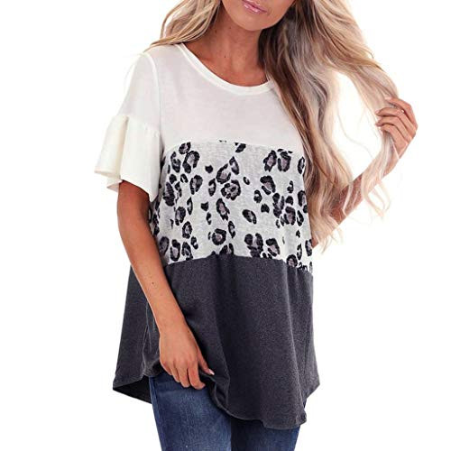 GDJGTA Top for Womens Crewneck Leopard Print Splice T Shirts Summer Casual Short Sleeve Color Block Tunic Blouse