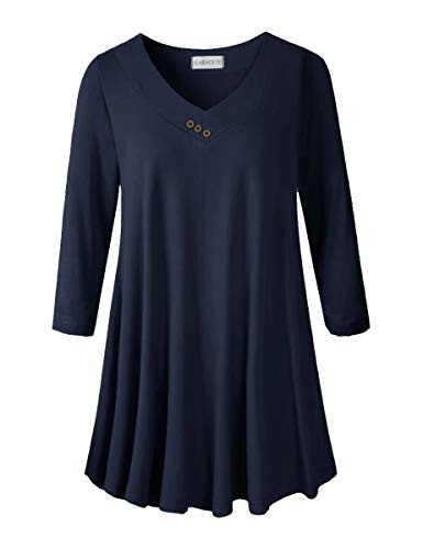 LARACE Plus Size Tunic Womens 3 4 Sleeve Tops and Blouses V Neck Shirts Loose Basic Tee Navy Blue L