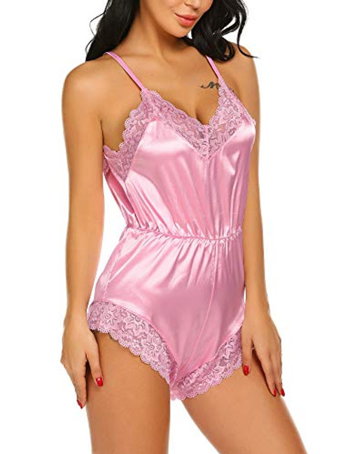 ADOME Women Lingerie V Neck Bodysuit Satin Pajamas Teddy Lace Babydoll Short Romper Nightwear Pink ADOME Women Lingerie V Neck Bodysuit Satin Pajamas Teddy Lace Babydoll Short Romper Nightwear Pink