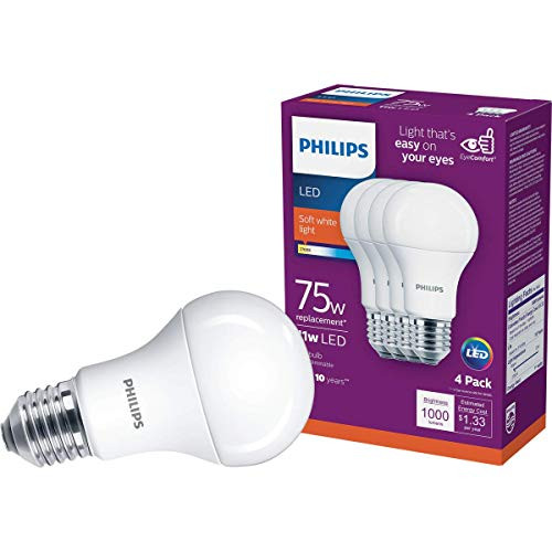 Philips A19 E26  Medium  LED Bulb Soft White 75 Watt Equivalence 4 pk