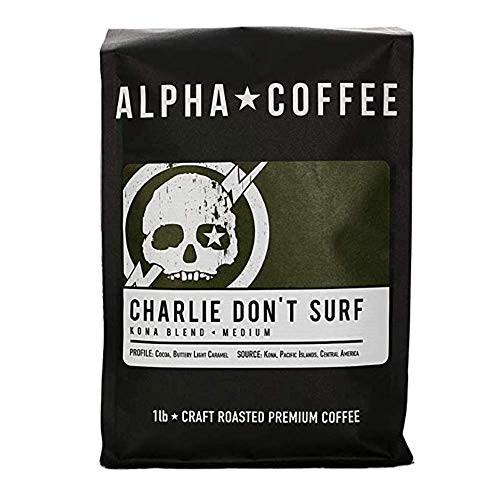Alpha Coffee  Charlie Dont Surf - 16 oz. Premium Gourmet Craft Kona Blend Drip Grind Coffee   Veteran Owned - Specialty Small Batch Roasted Coffee   100 percent Arabica Beans  Medium Roast