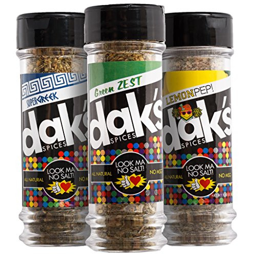 DAK s Spices LEAN GREEN TRIO  Three favorite blends ideal for poultry  seafood and veggies. With 0 percent SALT and 0 percent MSG! FREEDOM from Salt  Low Salt  Low Sodium! All natural  100 percent MSG and Sodium Free!