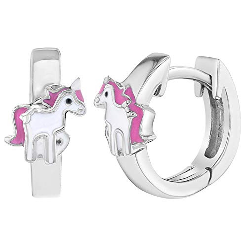925 Sterling Silver Pink White Enamel Unicorn Hoop Huggie Earrings for Girls 925 Sterling Silver Pink White Enamel Unicorn Hoop Huggie Earrings for Girls