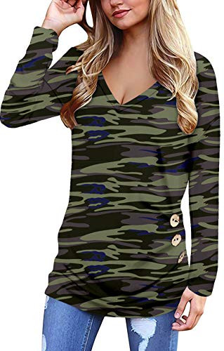 Womens Long Sleeve V Neck Loose Tunic Casual Shirt Blouse Tops Plus Size with Button Camo Green M