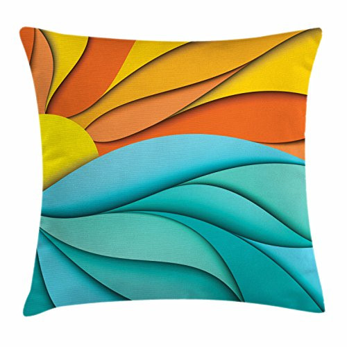 Lunarable Sun Throw Pillow Cushion Cover  Abstract Sunset and Sunrise Concept with Ocean Sea Waves Backdrop  Decorative Square Accent Pillow Case  18 inch X 18 inch  Turquoise Orange
