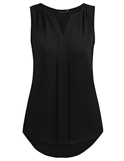 Grabsa Women s Chiffon Blouse Notch Neck Sleeveless Pleated Front Tank Top Black  Small