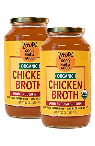 Organic Chicken Broth by Zoup!  Gluten Free  Non GMO  Fat Free Organic Chicken Broth - Great for Stock  Bouillon  Soup Base or to Drink  2-pack of 32 oz Jars
