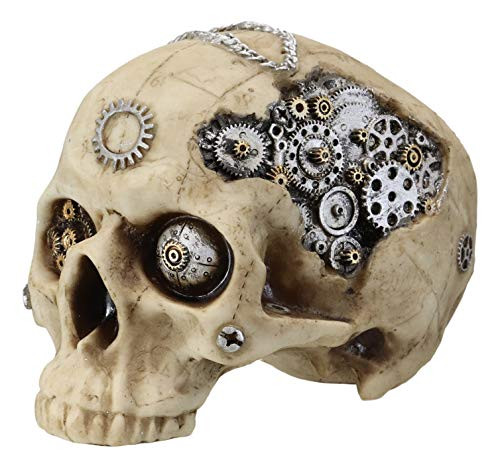 Ebros 7 inch Long Steampunk Three Eyed Sun God Robot Half Jaw Skull Statue with Painted Gears Geometric Wheel Head Chain Sci Fi Clockwork Gearwork Design Skeleton Cranium Figurine