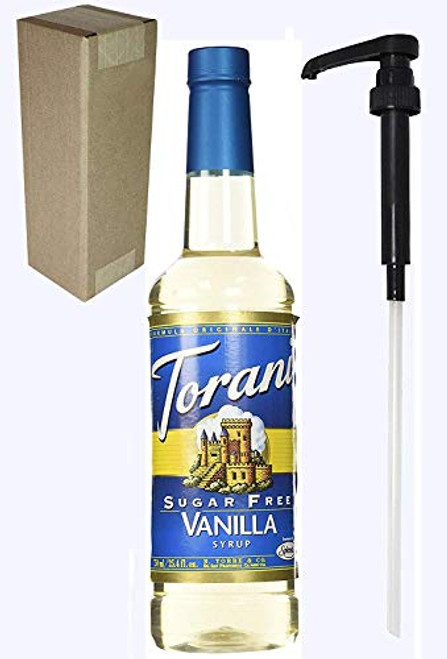 Torani Sugar Free Vanilla Flavoring Syrup  750mL  25.4 Fl Oz  Bottle Individually Boxed  With Black Pump