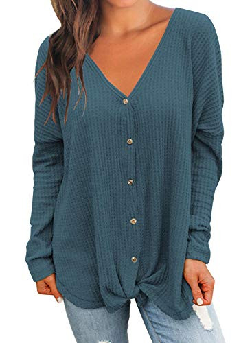 MIHOLL Womens Loose Blouse Long Sleeve V Neck Button Down T Shirts Tie Front Knot Casual Tops  XX-Large  1a- Blue  Long Sleeve