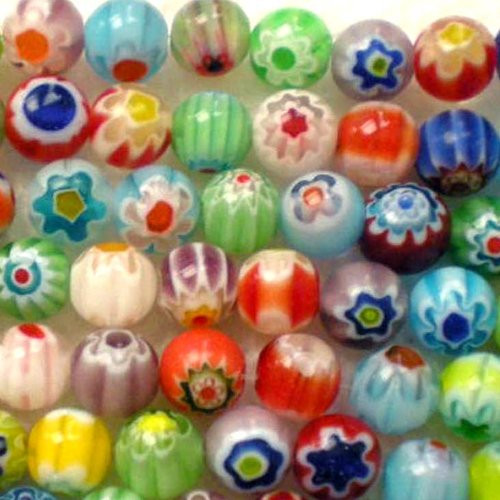 Beading Station 65-Piece Mix Millefiori Flower Lampwork Glass Round Beads, 6mm
