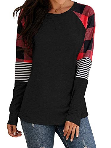 Womens Plaid Shirt Striped Long Sleeve Raglan T-Shirt Color Block Round Neck Tunic Blouse Tops Black