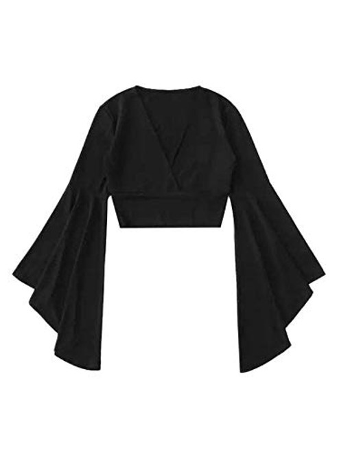 SOLY HUX Women s Plus Size V Neck Long Bell Sleeve Surplice Crop Top Blouse Black 1XL