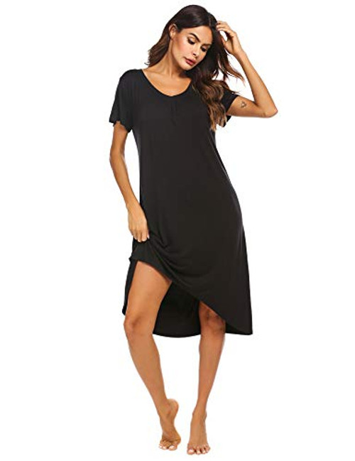 Ekouaer Women s Short Sleeve Nightgowns Soft Long Sleep Shirts Sleepwear Plus Size S-2XL Black