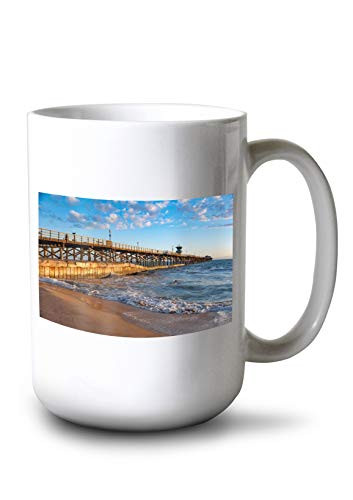 Lantern Press Seal Beach Pier  California - Sunset with Waves  and  Blue Sky A-9008679  15oz White Ceramic Mug