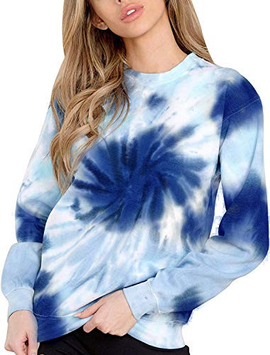 Women Tie Dye Sweatshirt Color Block Pullover Shirts Loose Long Sleeve Colorful Tunic Tops Blue