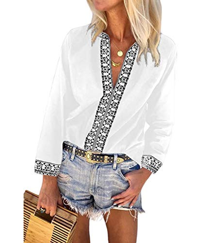 Mansy Womens Casual V Neck Shirts Boho Embroidered Long Sleeve Tops Loose Blouse