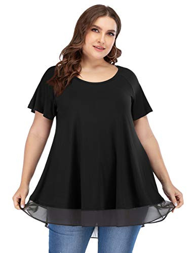 LARACE Women Tunic Tops for Leggings Chiffon T-Shirt Plus Size Short Sleeves Flowy Shirt Black 3X