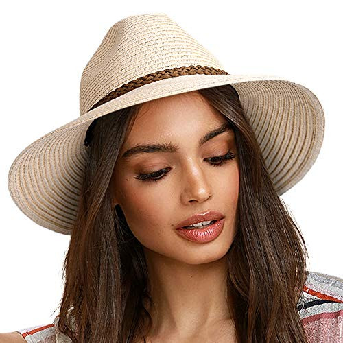 FURTALK Sun Hats for Women Summer Wide Brim UV UPF 50 plus Panama Fedora Foldable Packable Straw Beach Hat Beige