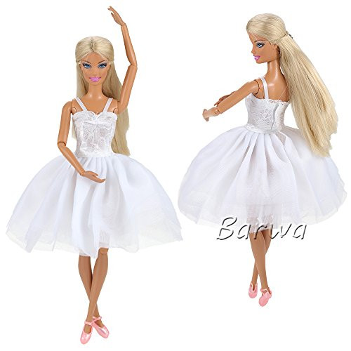 Barwa Handmade Princess Evening Party Wears Mini Dress Clothes White Lace Ballet Dress for Barbie Doll