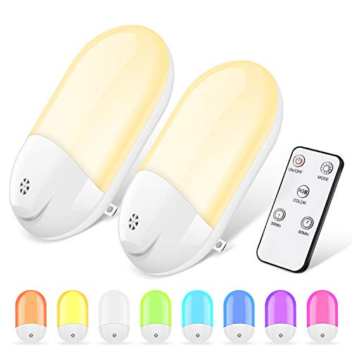 Plug-in LED Night Lights - RGB Color Changing Plug Into Wall LED Night Light with Remote Control, Automatic Dusk to Dawn Sensor Night Lights for Kids, Bedroom, Hallway, Kitchen, Stairs, 2 Packs