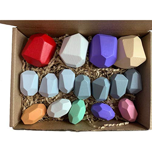7haofang 16 Pcs Children Wood Colored Stone Stacking Game Building Block Educational Toys