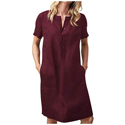 iQKA Womens Cotton Linen Dress Plus Size Casual Loose Solid Color Short Sleeve Shirt Dress with Pockets Vestido Corto 2020 Wine 3XL iQKA Womens Cotton Linen Dress Plus Size Casual Loose Solid Color Short Sleeve Shirt Dress with Pockets Vestido Corto 2020 Wine 3XL