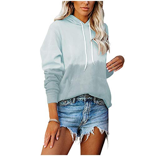 Tie Dye Sweatshirt for Women Long Sleeve Crewneck Pullover Color Block Drawstring Hoodie Casual Loose Blouse Shirt Tops Gray