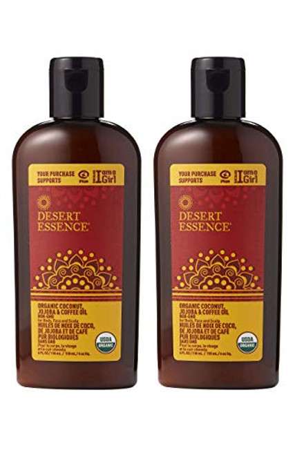 Desert Essence Coconut  Jojoba  and Pure Coffee Oil - 4 Fl Ounce - Pack of 2 - For Body  Face and Scalp - No Oily Residue - Invigorates  and  Moisturizes Skin - Strengthens Scalp - Refreshing