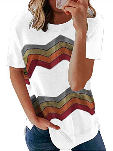 ECOWISH Women Shirts Leopard Print Color Block Tunic Top V-Neck Button Short Sleeve Loose Casual T-Shirt Blouse 137 White X-Large