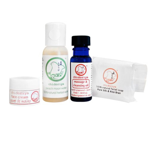 Chidoriya Maiko Skin Care Trial and Travel Set for Normal and Combination Skin with Face Cream  Massage and Cleansing Oil  Peach Moon Herbal Water  and Azuki Brown Sugar Soap  4 Pieces