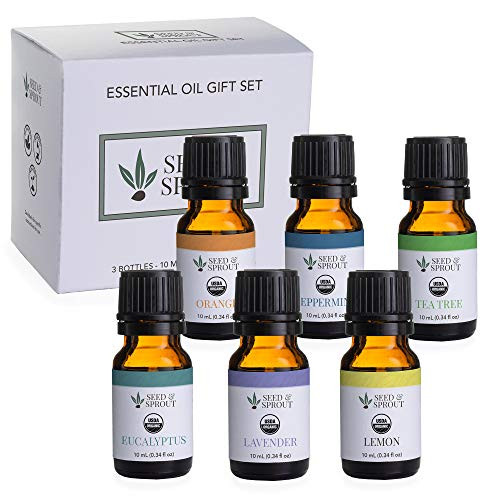 Seed  and  Sprout USDA Organic Oil Set of 6 Eucalyptus  Lavender  Lemon  Peppermint  Orange  Tea Tree  Eucalyptus  Lavender  Lemon  Orange  Peppermint  Tea Tree  2 Fluid Ounce