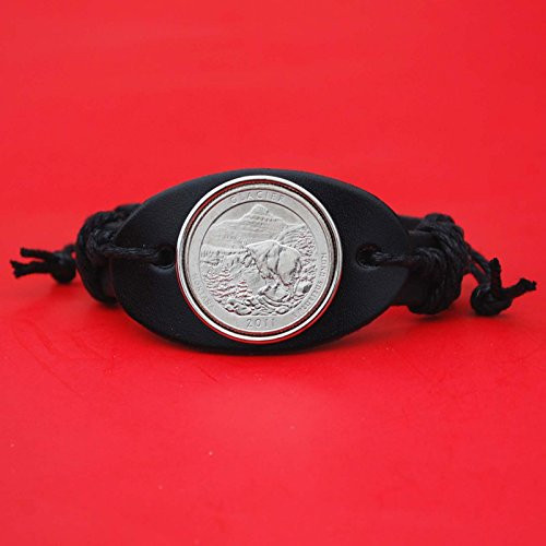 US 2011 Montana Glacier National Park Quarter BU UNC Coin Genuine Black Leather Cuff Bangle Bracelet NEW - America the Beautiful