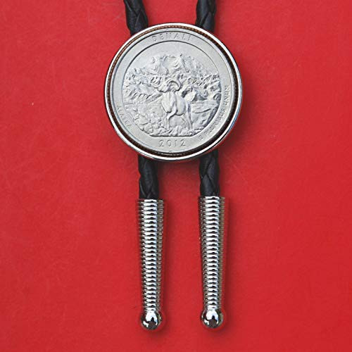 US 2012 Alaska Denali National Park Quarter BU Uncirculated Coin Simple Silver Slide 36 inch Black Leatherette Cord Bolo Tie NEW - America the Beautiful US 2012 Alaska Denali National Park Quarter BU Uncirculated Coin Simple Silver Slide 36 inch Black Leatherette Cord Bolo Tie NEW - America the Beautiful